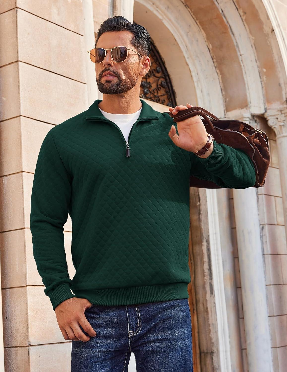 imageCOOFANDY Men Quarter Zip Pullover Long Sleeve Quilted Sweatshirt Waffle Casual Collared Sweatshirts Mock Neck Winter PoloLake Green