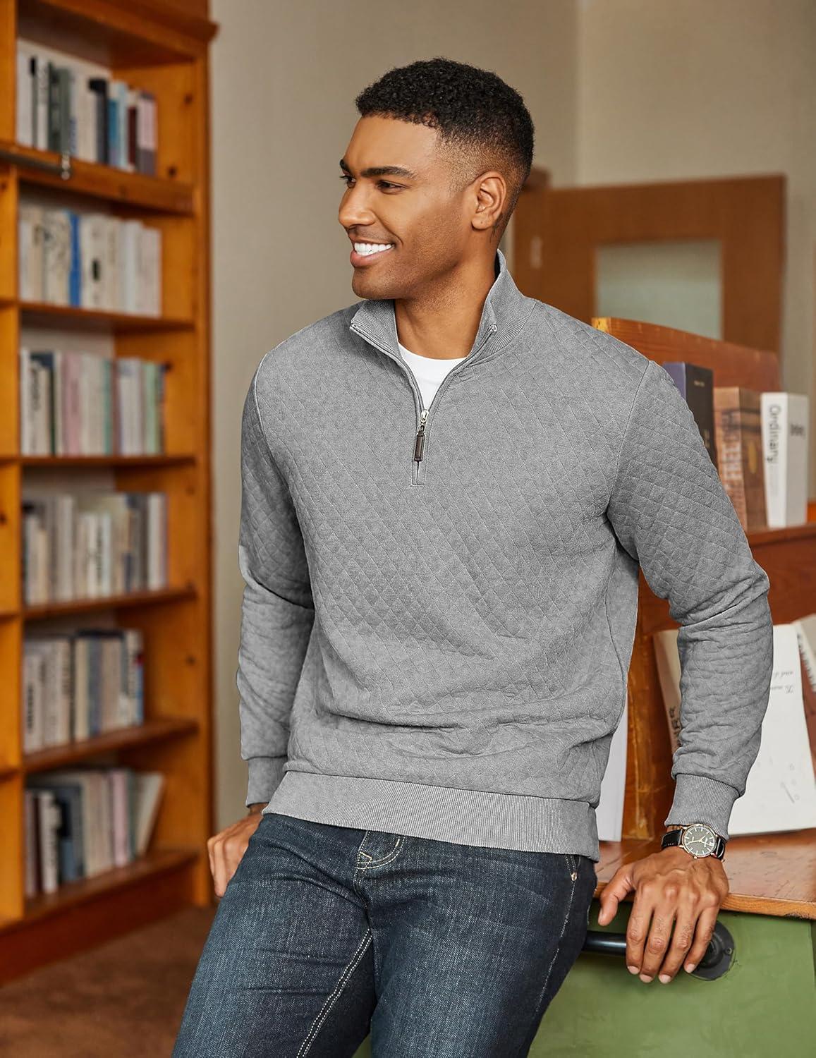 imageCOOFANDY Men Quarter Zip Pullover Long Sleeve Quilted Sweatshirt Waffle Casual Collared Sweatshirts Mock Neck Winter PoloLight Gray