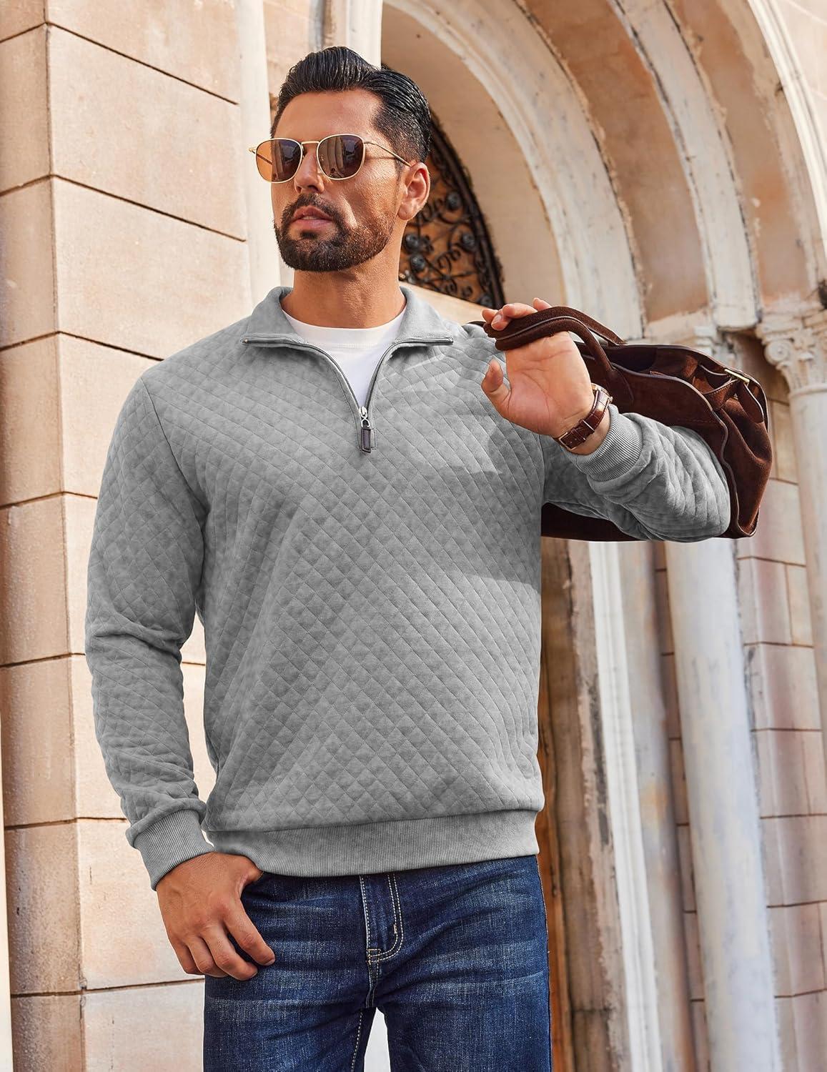 imageCOOFANDY Men Quarter Zip Pullover Long Sleeve Quilted Sweatshirt Waffle Casual Collared Sweatshirts Mock Neck Winter PoloLight Gray