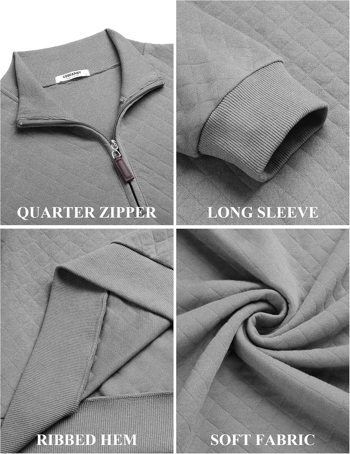 imageCOOFANDY Men Quarter Zip Pullover Long Sleeve Quilted Sweatshirt Waffle Casual Collared Sweatshirts Mock Neck Winter PoloLight Gray