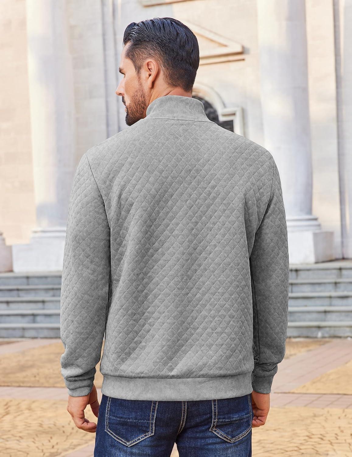 imageCOOFANDY Men Quarter Zip Pullover Long Sleeve Quilted Sweatshirt Waffle Casual Collared Sweatshirts Mock Neck Winter PoloLight Gray