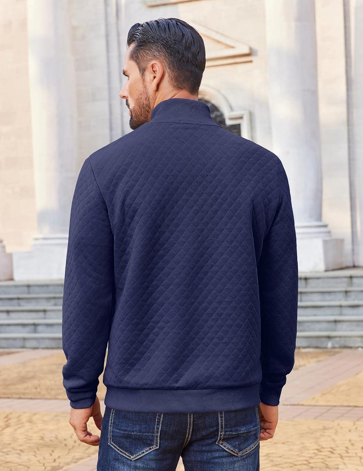 imageCOOFANDY Men Quarter Zip Pullover Long Sleeve Quilted Sweatshirt Waffle Casual Collared Sweatshirts Mock Neck Winter PoloNavy Blue