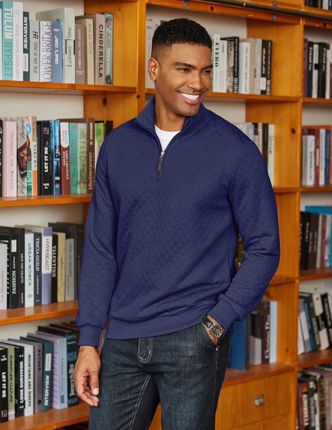imageCOOFANDY Men Quarter Zip Pullover Long Sleeve Quilted Sweatshirt Waffle Casual Collared Sweatshirts Mock Neck Winter PoloNavy Blue