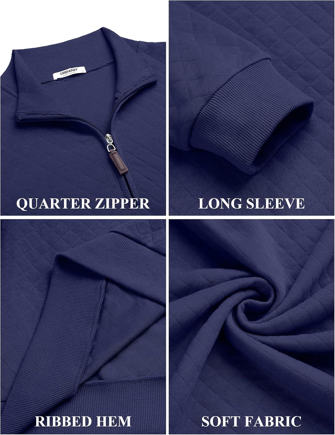 imageCOOFANDY Men Quarter Zip Pullover Long Sleeve Quilted Sweatshirt Waffle Casual Collared Sweatshirts Mock Neck Winter PoloNavy Blue