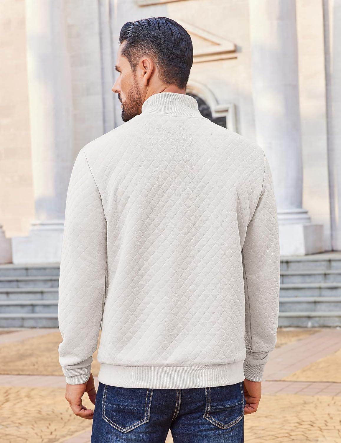 imageCOOFANDY Men Quarter Zip Pullover Long Sleeve Quilted Sweatshirt Waffle Casual Collared Sweatshirts Mock Neck Winter PoloWhite