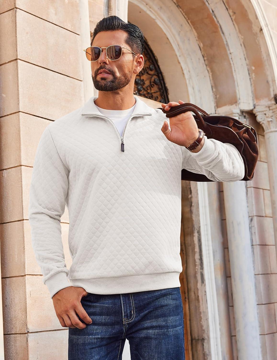 imageCOOFANDY Men Quarter Zip Pullover Long Sleeve Quilted Sweatshirt Waffle Casual Collared Sweatshirts Mock Neck Winter PoloWhite