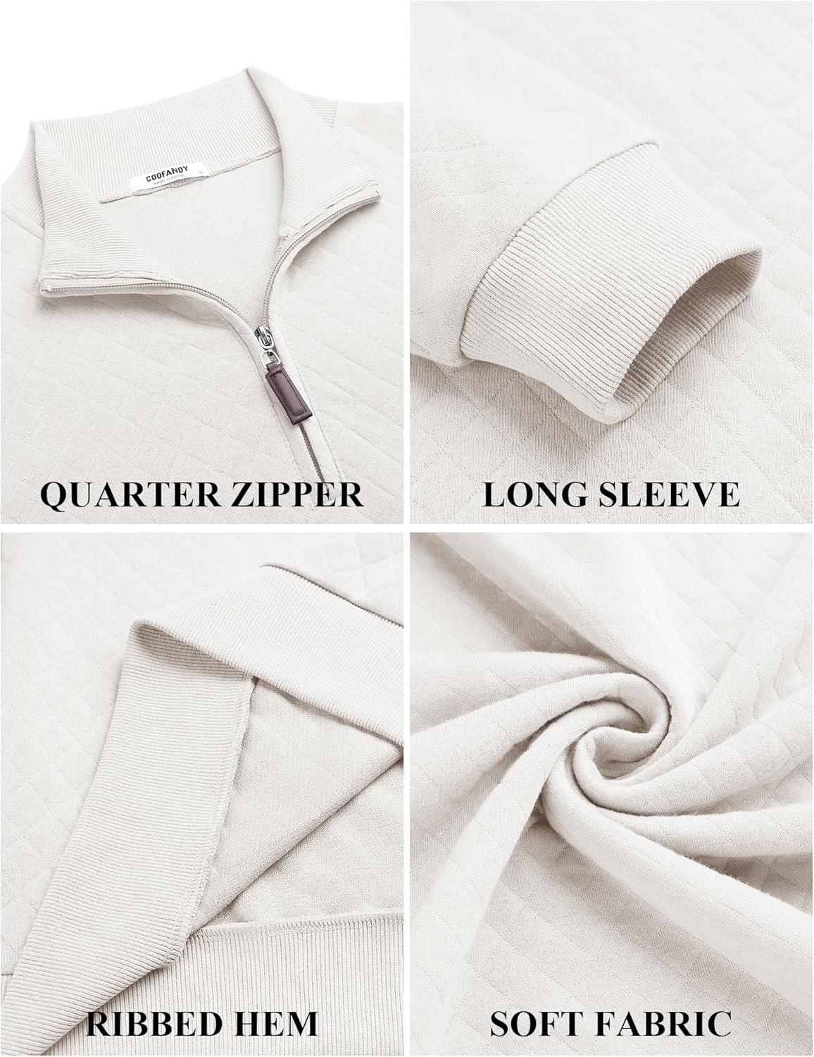 imageCOOFANDY Men Quarter Zip Pullover Long Sleeve Quilted Sweatshirt Waffle Casual Collared Sweatshirts Mock Neck Winter PoloWhite