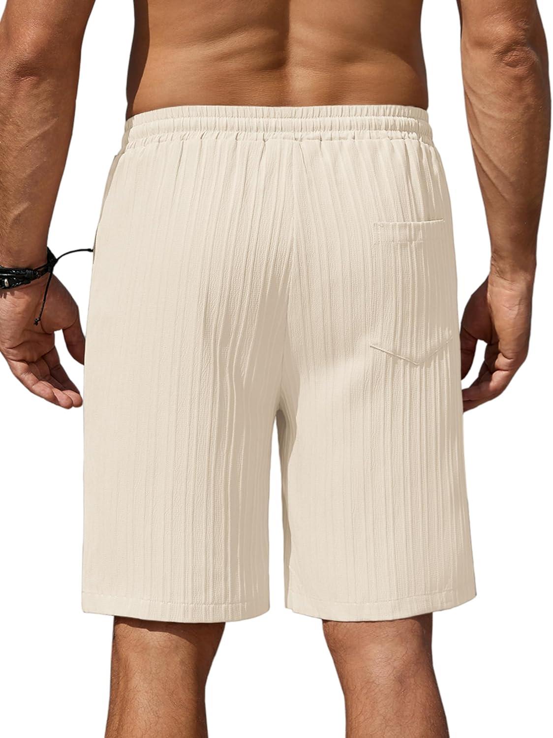 imageCOOFANDY Mens Beach Shorts 9quot Elastic Waist Drawstring Casual Shorts Regular Fit Summer Textured ShortsBeige