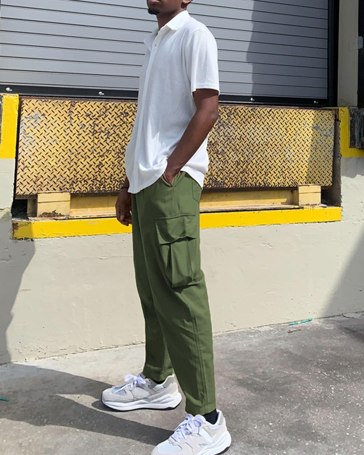 imageCOOFANDY Mens Cargo Pants Relaxed Fit Casual Linen Pants Drawstring Sweatpants with 6 PocketsArmy Green