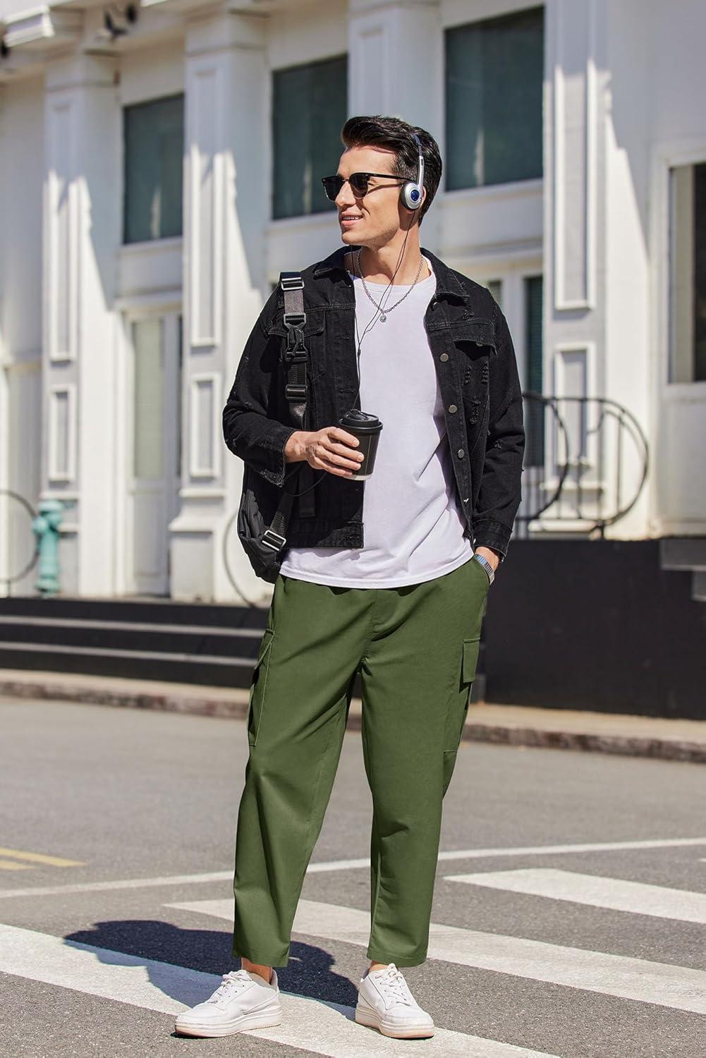 imageCOOFANDY Mens Cargo Pants Relaxed Fit Casual Linen Pants Drawstring Sweatpants with 6 PocketsArmy Green