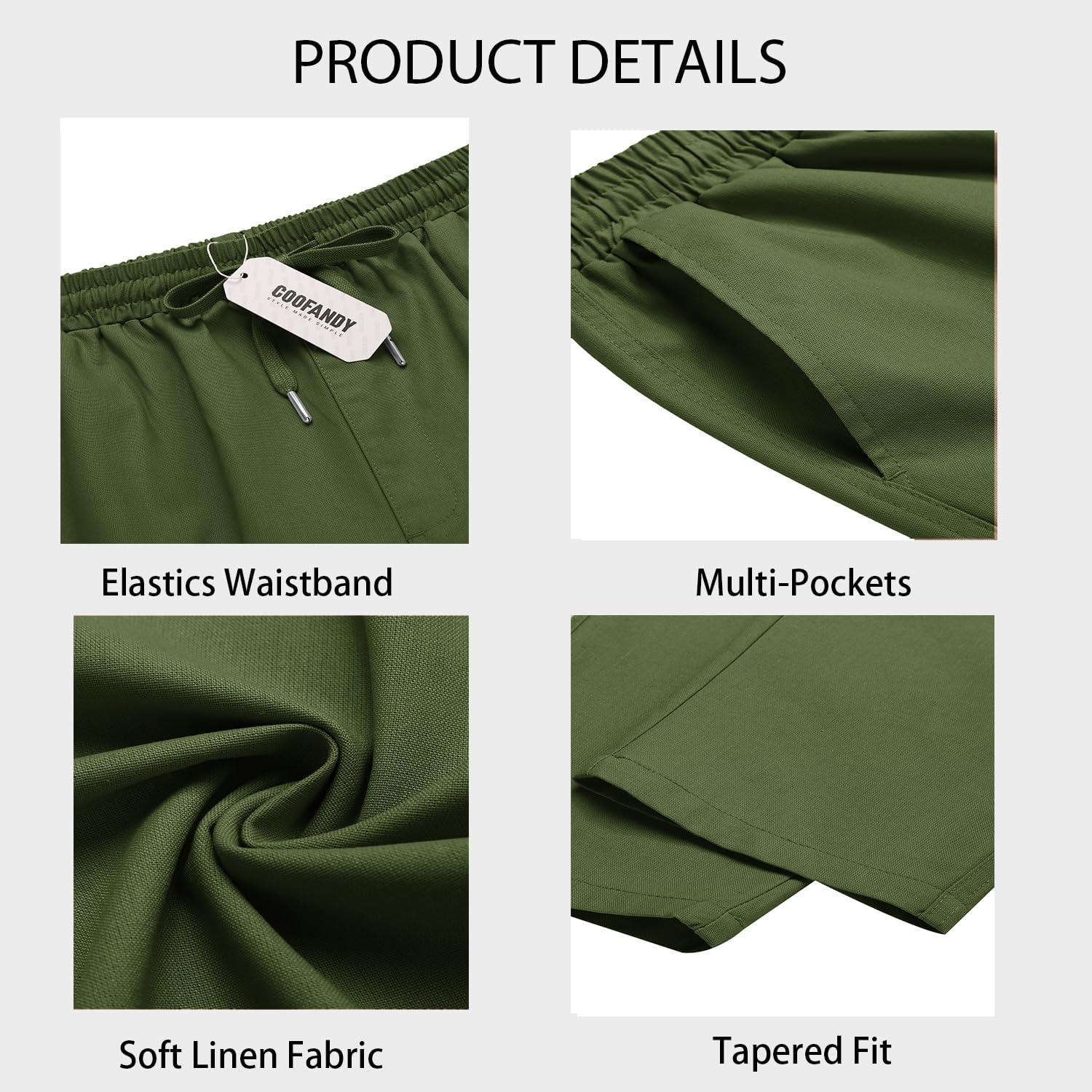 imageCOOFANDY Mens Cargo Pants Relaxed Fit Casual Linen Pants Drawstring Sweatpants with 6 PocketsArmy Green