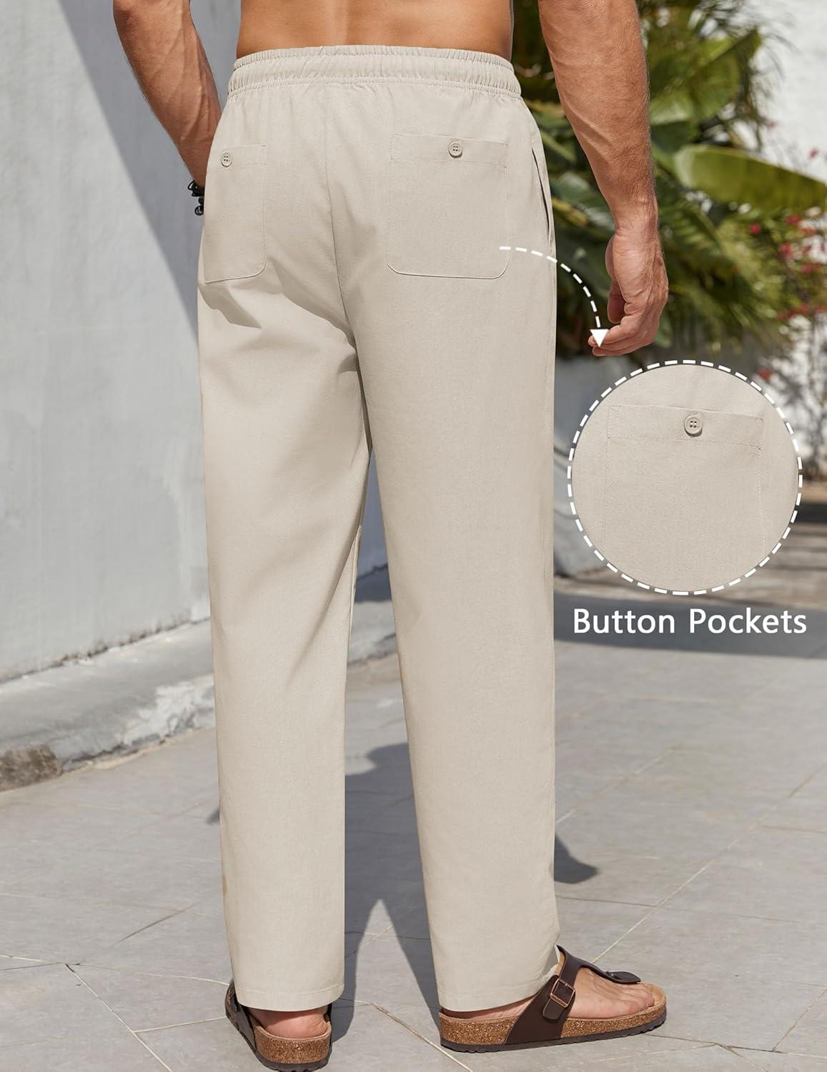 imageCOOFANDY Mens Casual Linen Pants Elastic Waist Drawstring Beach Summer Pants Lightweight Linen TrousersBeige