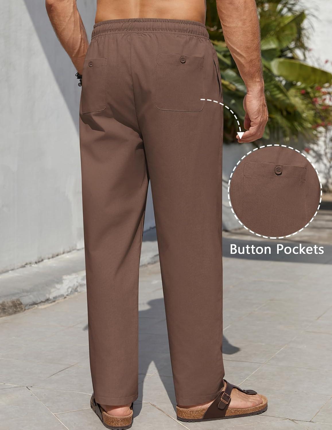 imageCOOFANDY Mens Casual Linen Pants Elastic Waist Drawstring Beach Summer Pants Lightweight Linen TrousersBrown