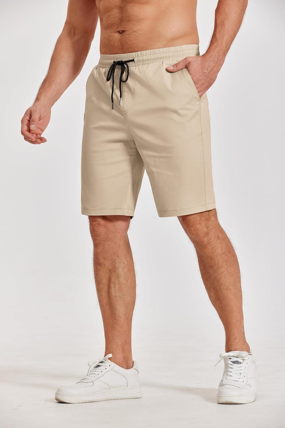 imageCOOFANDY Mens Casual Shorts Cotton Elastic Waist Drawstring Shorts Lightweight Summer Beach ShortsAkhaki