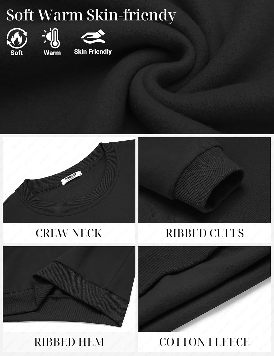 imageCOOFANDY Mens Fleece Crewneck Sweatshirt Cotton Long Sleeve Pullover Casual Thermal ShirtsBlack