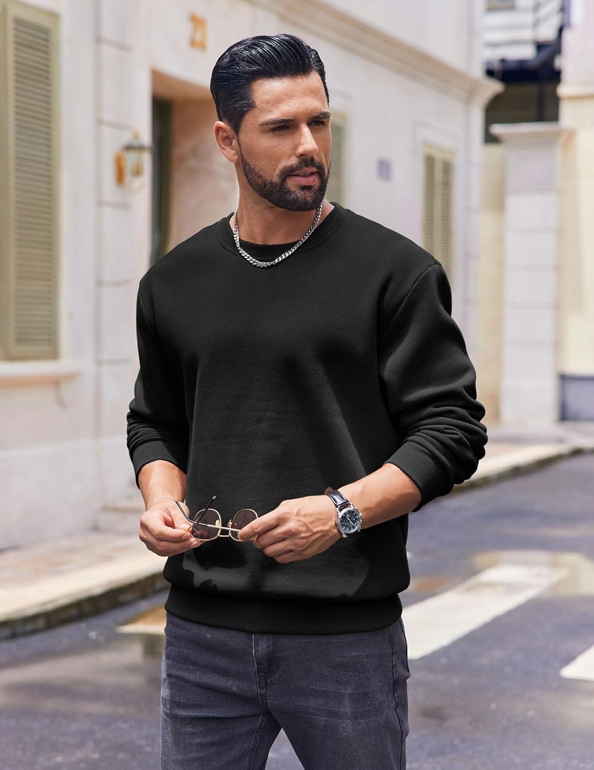 imageCOOFANDY Mens Fleece Crewneck Sweatshirt Cotton Long Sleeve Pullover Casual Thermal ShirtsBlack