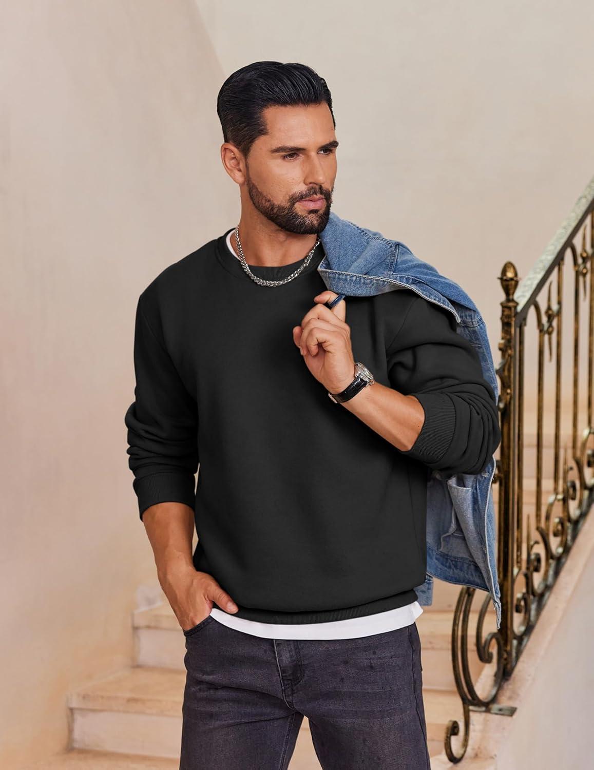 imageCOOFANDY Mens Fleece Crewneck Sweatshirt Cotton Long Sleeve Pullover Casual Thermal ShirtsBlack