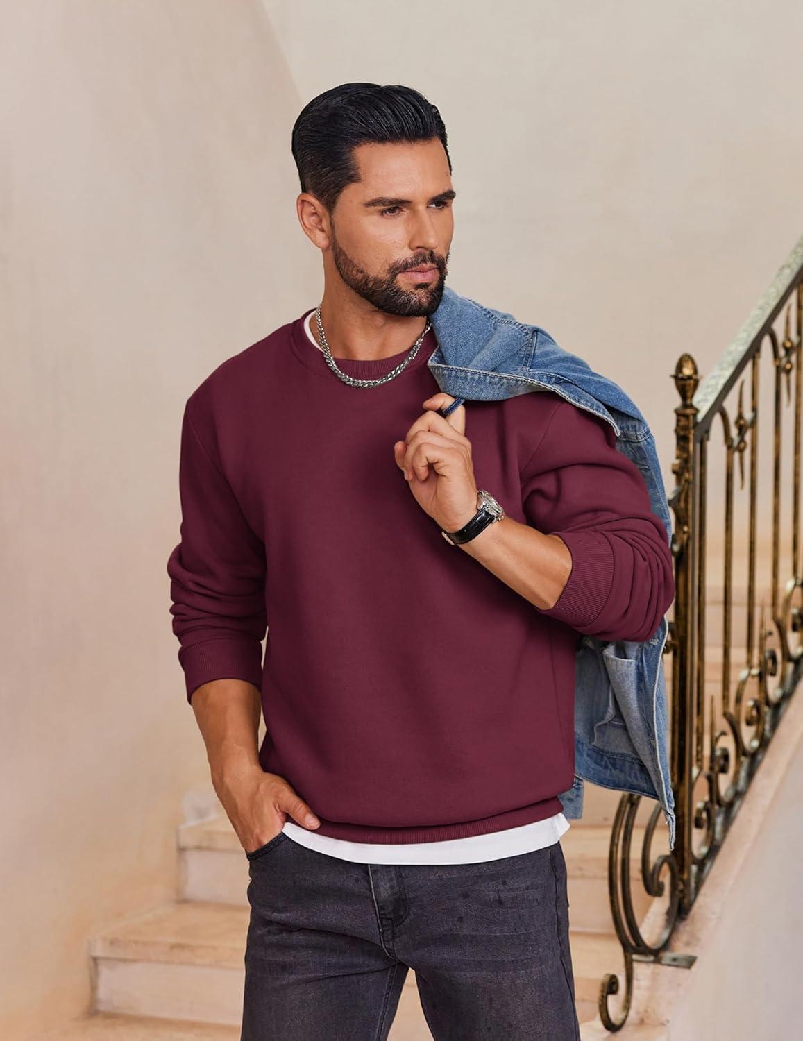 imageCOOFANDY Mens Fleece Crewneck Sweatshirt Cotton Long Sleeve Pullover Casual Thermal ShirtsDark Red