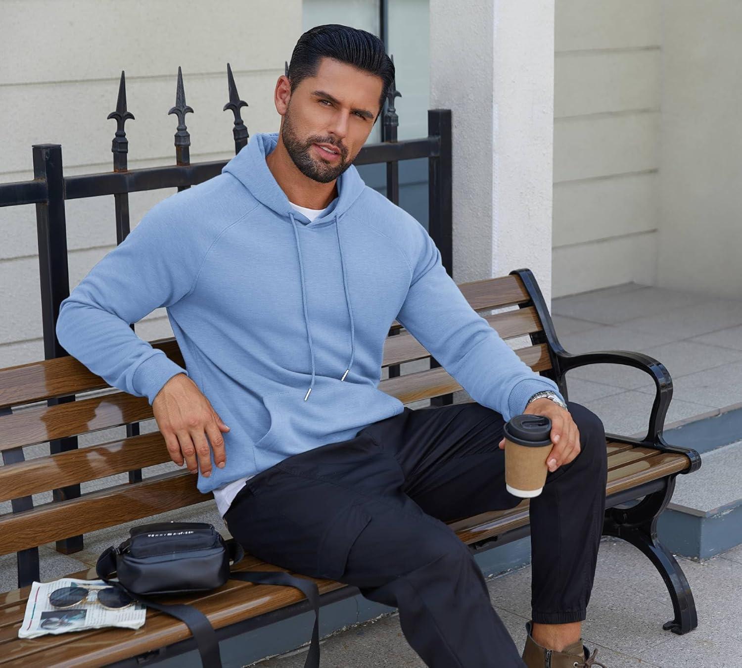 imageCOOFANDY Mens Fleece Hoodie Long Sleeve Hooded Sweatshirt Casual Basic Essential Drawstring Pullover Hoodie With PocketSky Blue