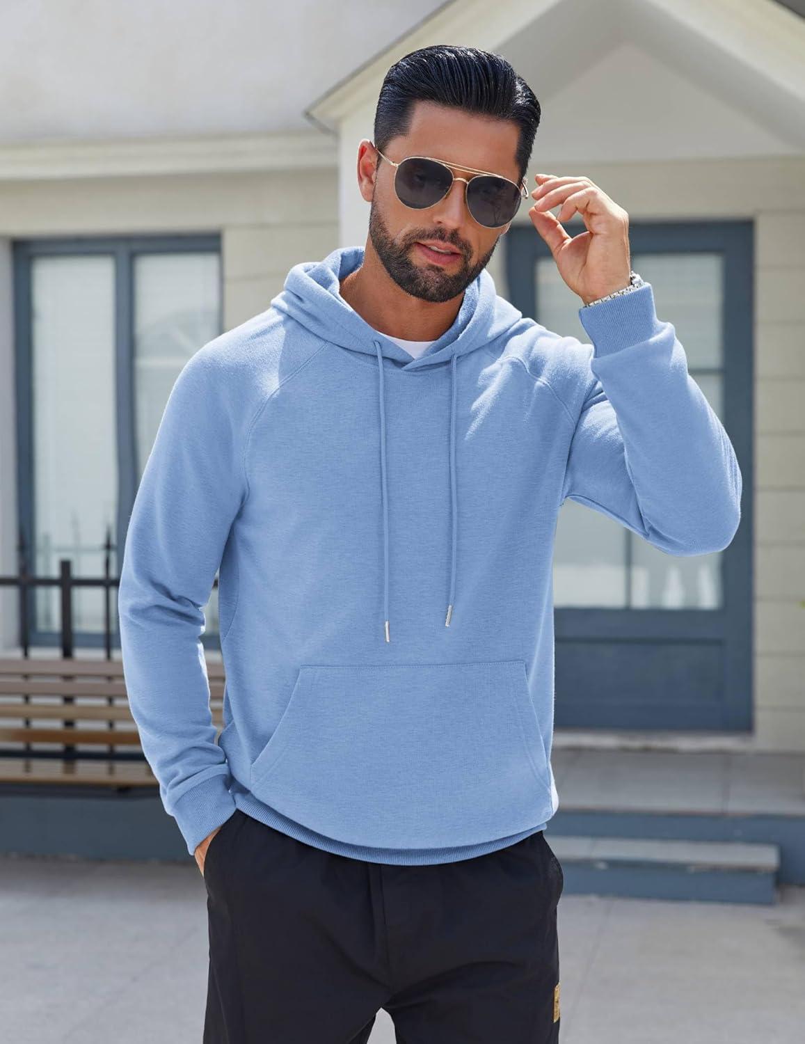 imageCOOFANDY Mens Fleece Hoodie Long Sleeve Hooded Sweatshirt Casual Basic Essential Drawstring Pullover Hoodie With PocketSky Blue