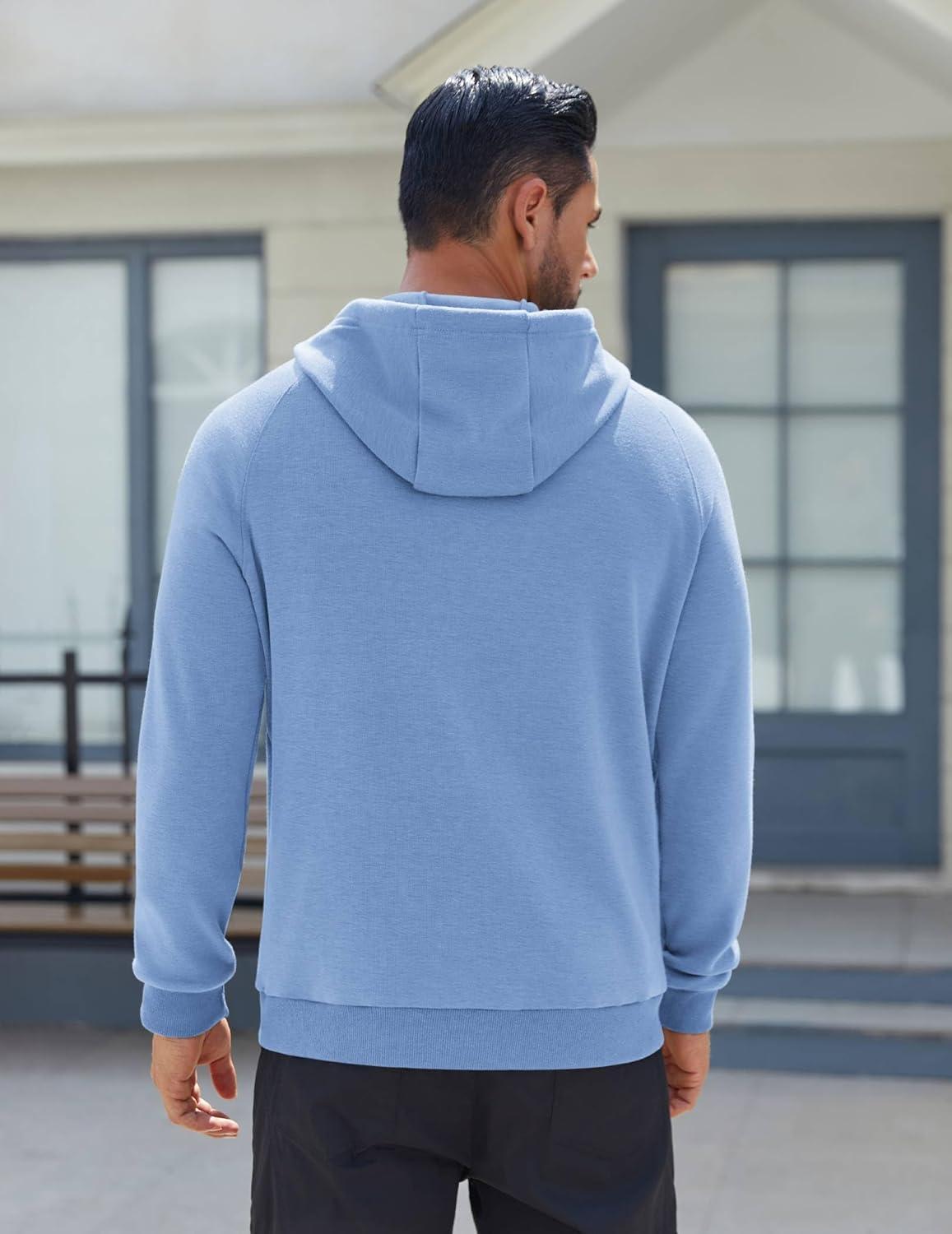 imageCOOFANDY Mens Fleece Hoodie Long Sleeve Hooded Sweatshirt Casual Basic Essential Drawstring Pullover Hoodie With PocketSky Blue