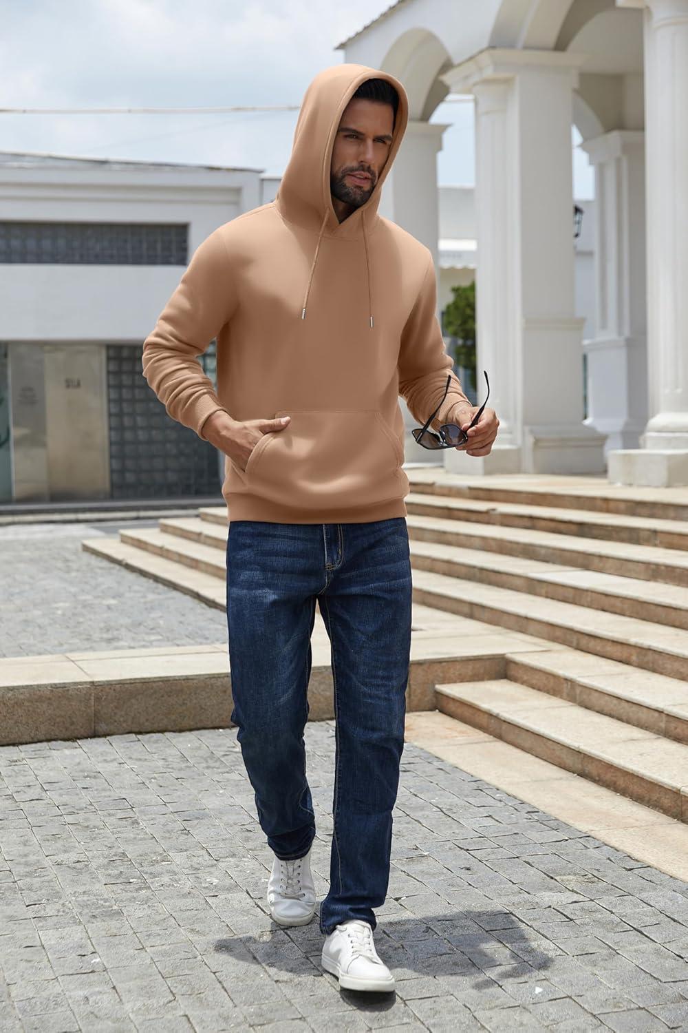 imageCOOFANDY Mens Hoodies Pullover Fleece Lined Hoodie Casual Long Sleeve Drawstring Hooded Sweatshirts with Kanga PocketCamel