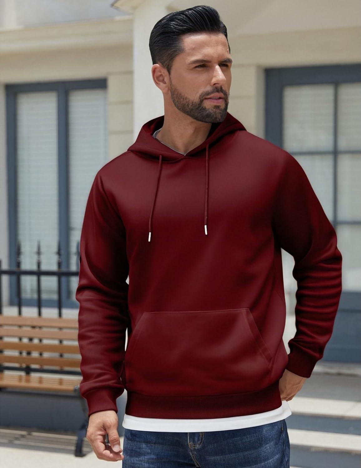imageCOOFANDY Mens Hoodies Pullover Fleece Lined Hoodie Casual Long Sleeve Drawstring Hooded Sweatshirts with Kanga PocketWine Red