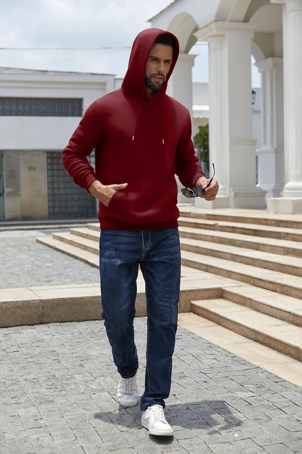 imageCOOFANDY Mens Hoodies Pullover Fleece Lined Hoodie Casual Long Sleeve Drawstring Hooded Sweatshirts with Kanga PocketWine Red