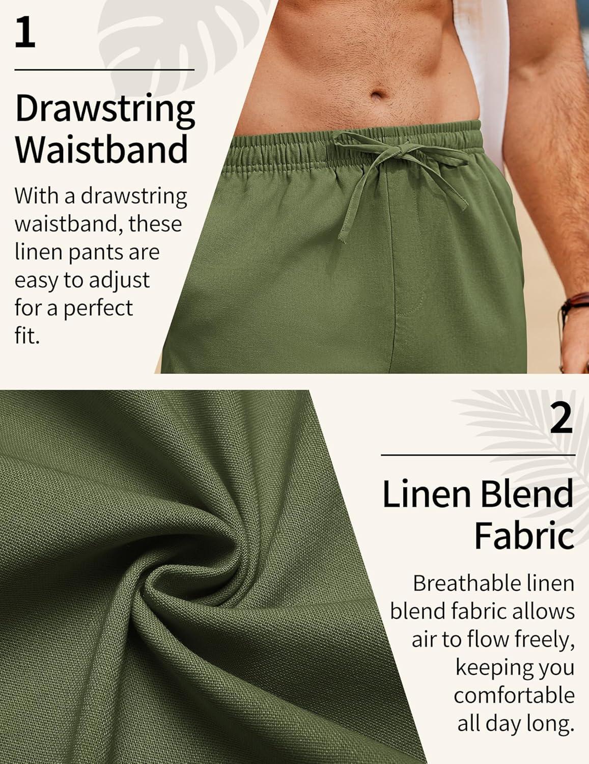 imageCOOFANDY Mens Linen Pants Casual Loose Fit Beach Summer Yoga Pant Lightweight Drawstring Linen TrousersArmy Green