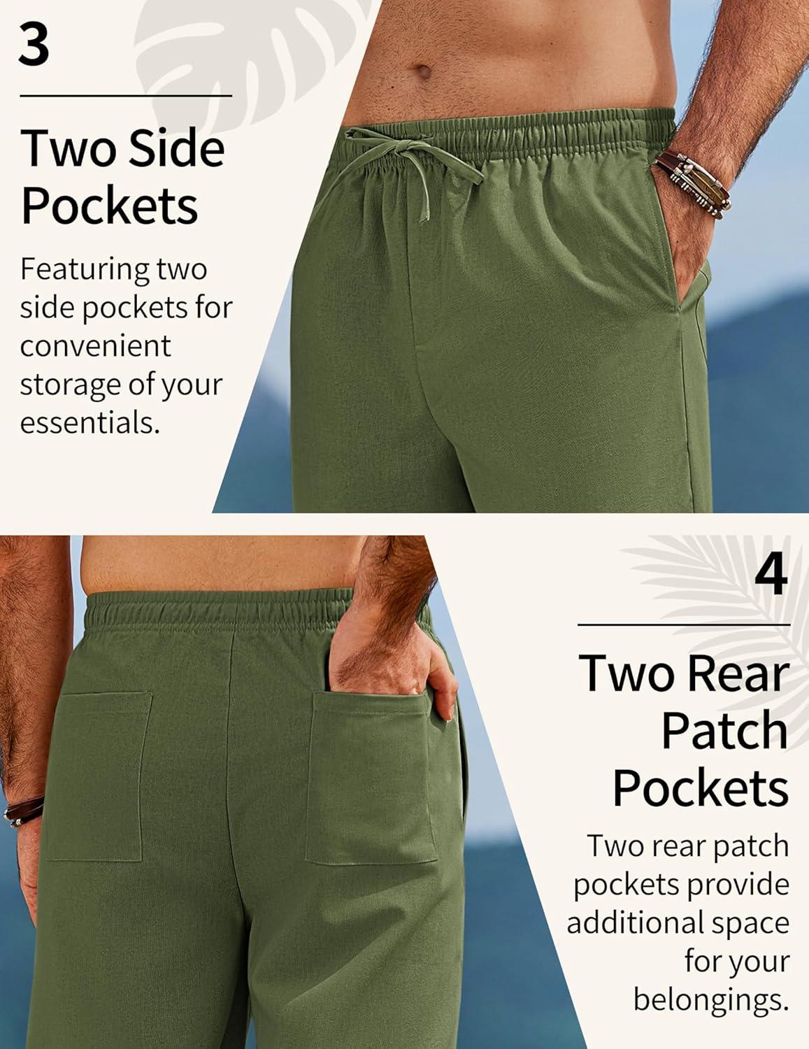 imageCOOFANDY Mens Linen Pants Casual Loose Fit Beach Summer Yoga Pant Lightweight Drawstring Linen TrousersArmy Green