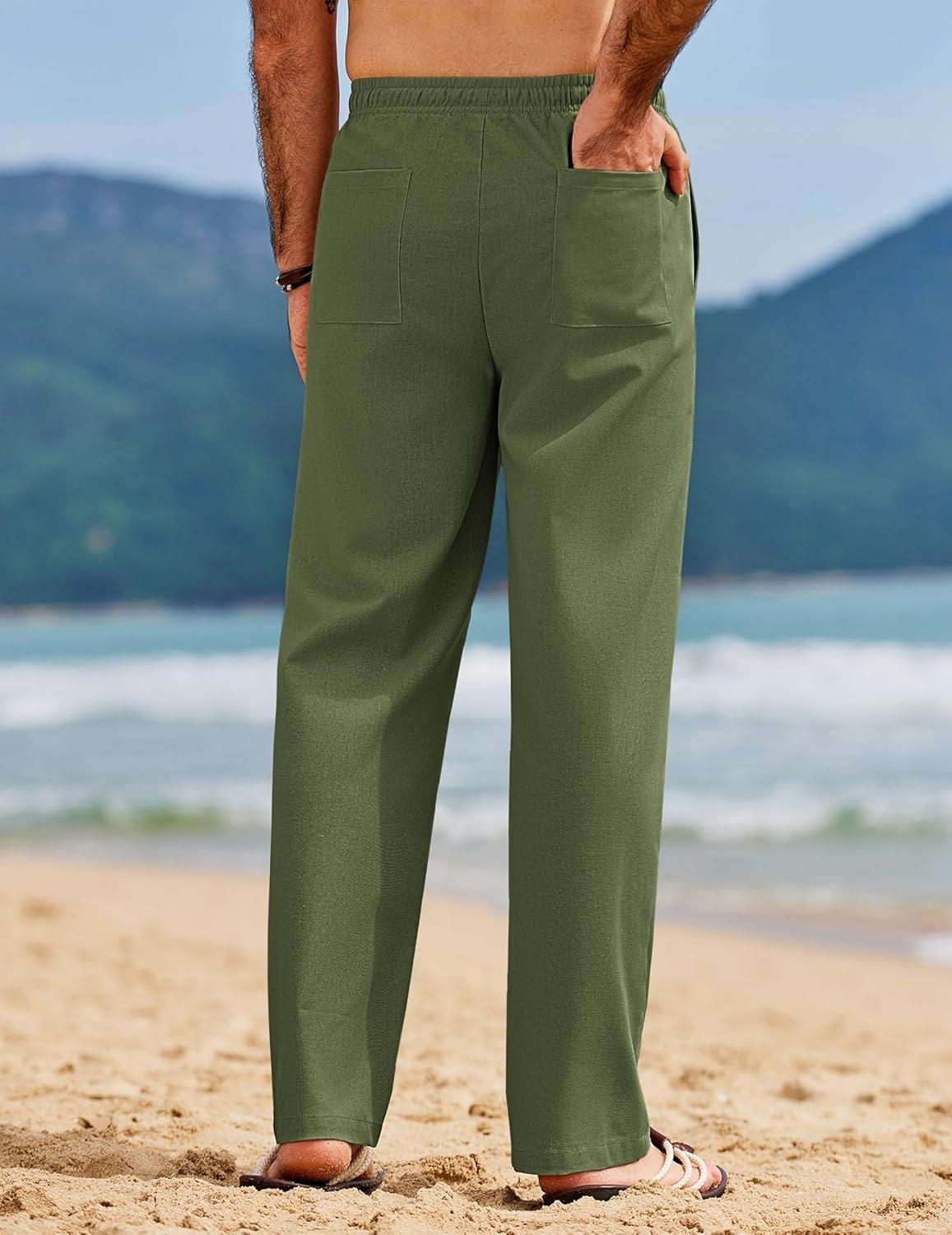 imageCOOFANDY Mens Linen Pants Casual Loose Fit Beach Summer Yoga Pant Lightweight Drawstring Linen TrousersArmy Green