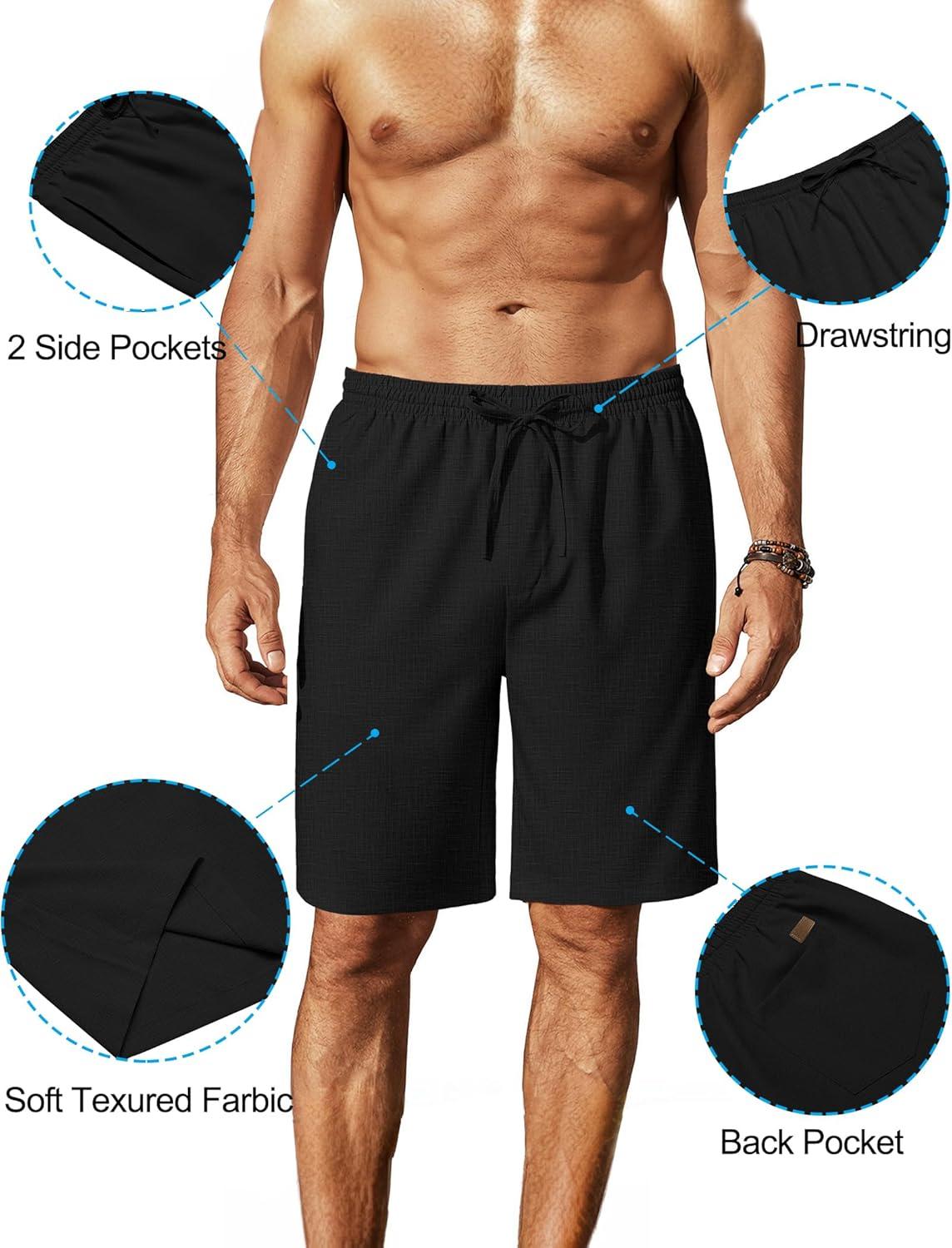 imageCOOFANDY Mens Linen Shorts 9quot Elastic Waist Drawstring Casual Shorts Lightweight Summer Beach Shorts Black