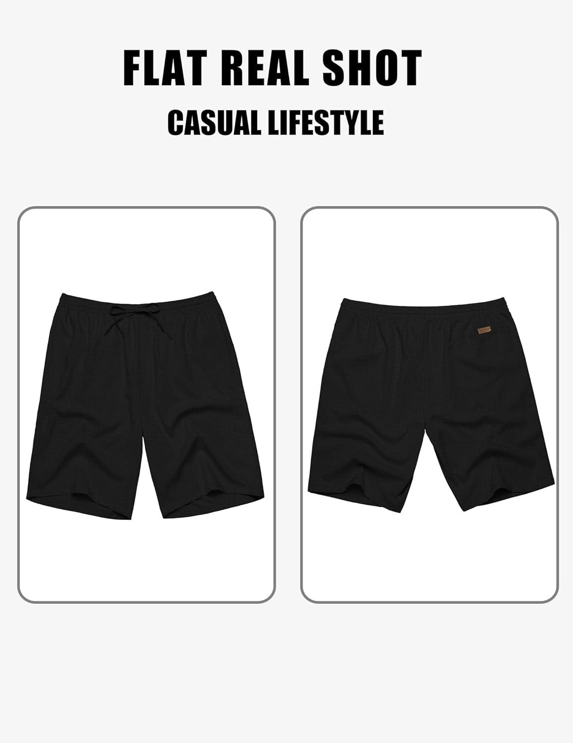 imageCOOFANDY Mens Linen Shorts 9quot Elastic Waist Drawstring Casual Shorts Lightweight Summer Beach Shorts Black