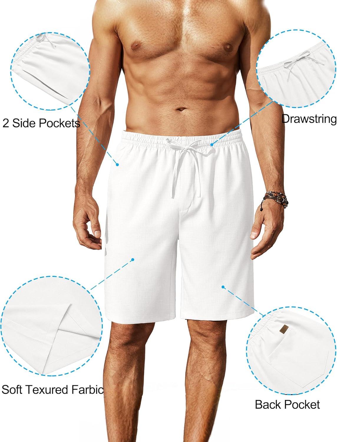 imageCOOFANDY Mens Linen Shorts 9quot Elastic Waist Drawstring Casual Shorts Lightweight Summer Beach ShortsAwhite