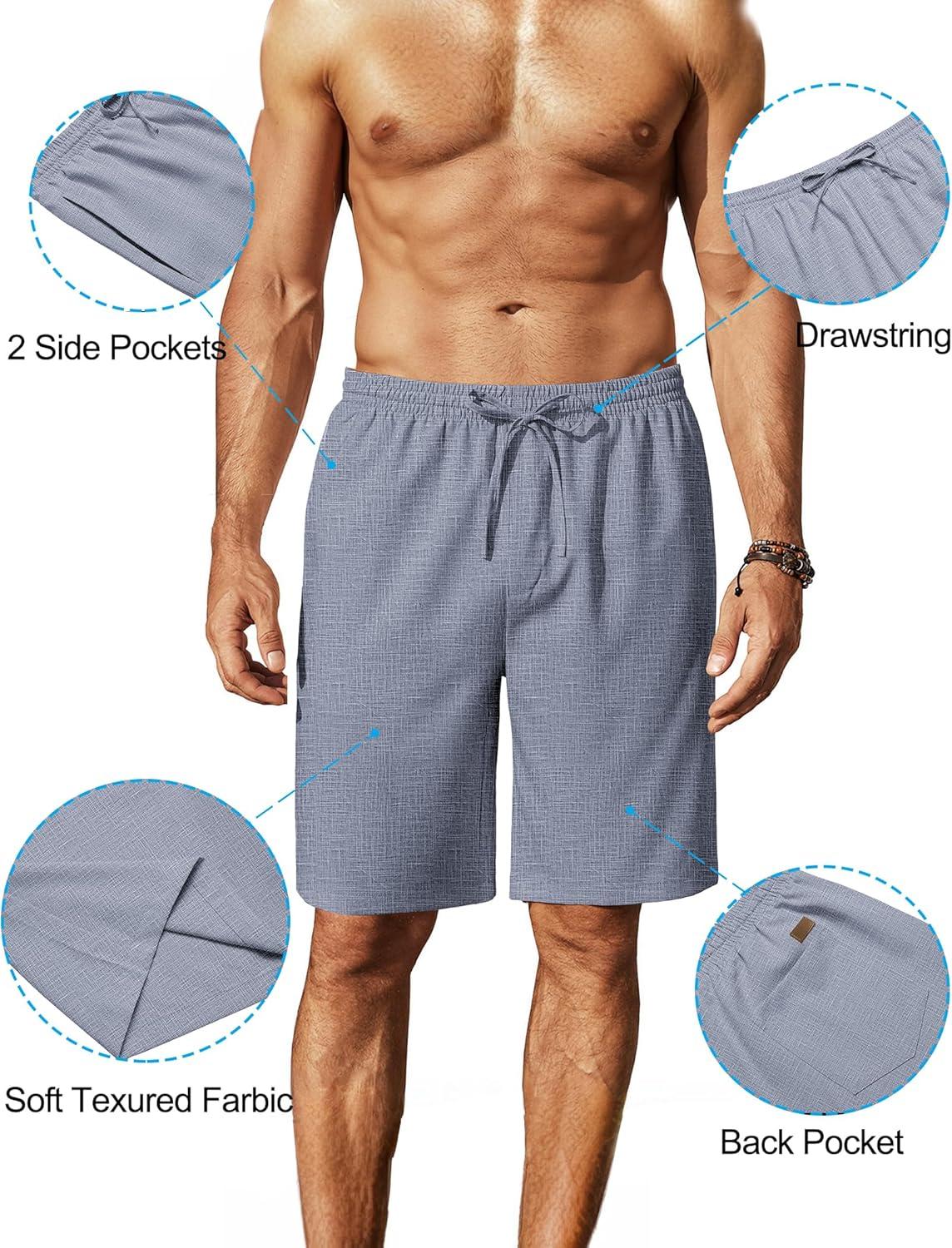 imageCOOFANDY Mens Linen Shorts 9quot Elastic Waist Drawstring Casual Shorts Lightweight Summer Beach ShortsNavy Blue