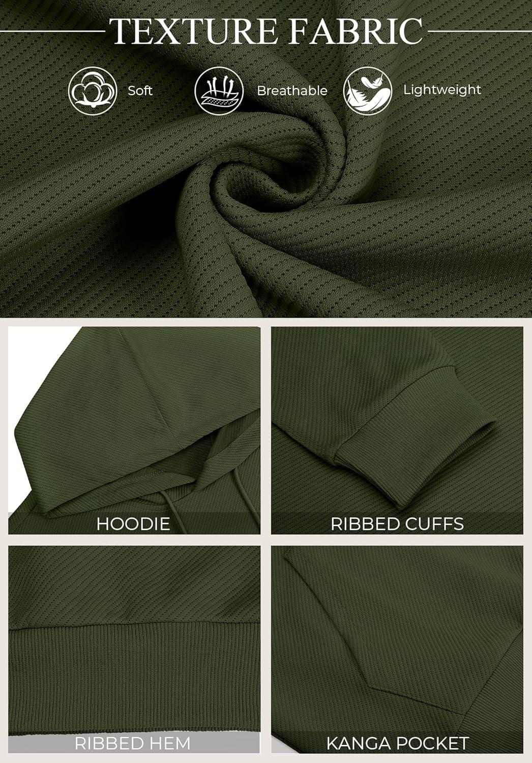 imageCOOFANDY Mens Long Sleeve Hooded Sweatshirt Casual Lightweight Hoodies Pullover Textured Drawstring Hoodie with Kanga PocketArmy Green