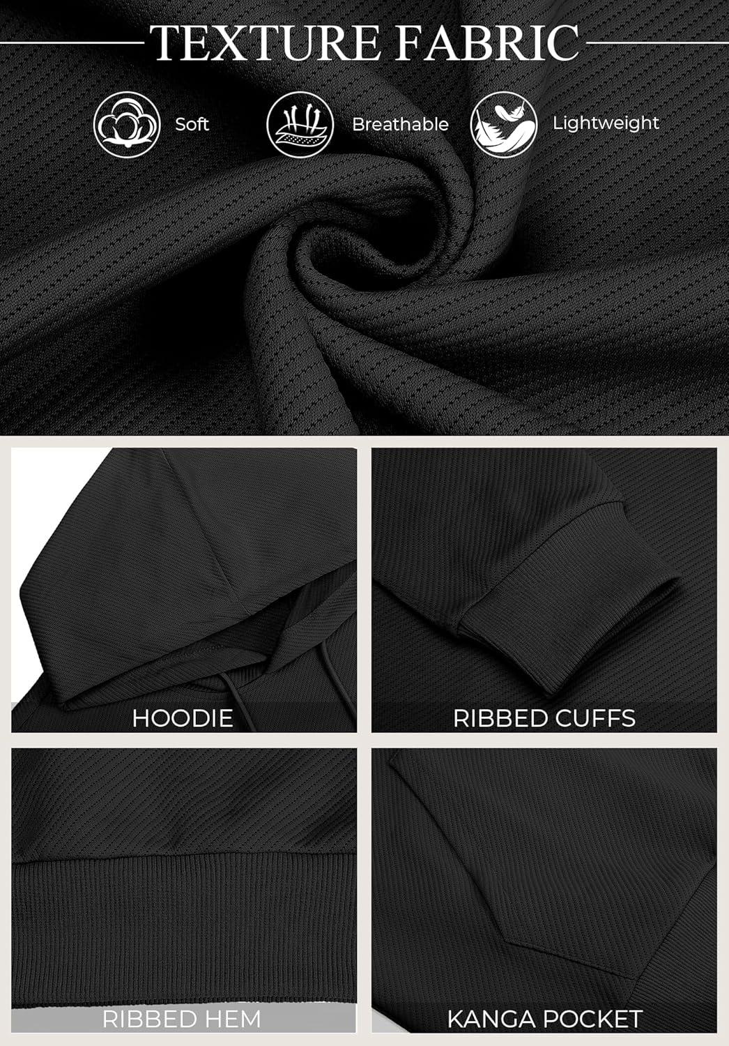 imageCOOFANDY Mens Long Sleeve Hooded Sweatshirt Casual Lightweight Hoodies Pullover Textured Drawstring Hoodie with Kanga PocketBlack