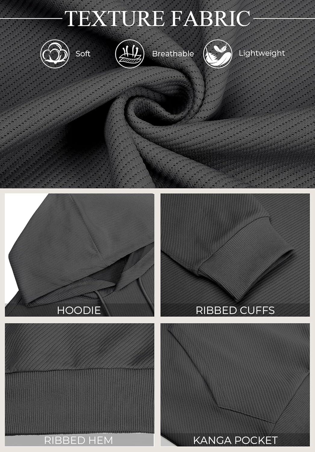 imageCOOFANDY Mens Long Sleeve Hooded Sweatshirt Casual Lightweight Hoodies Pullover Textured Drawstring Hoodie with Kanga PocketDark Gray