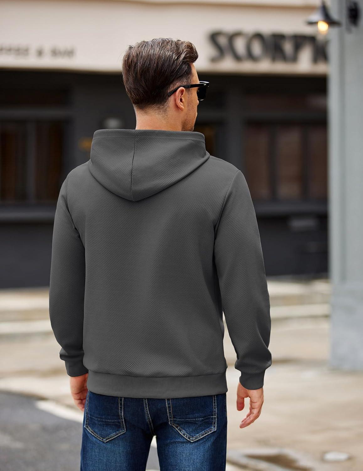 imageCOOFANDY Mens Long Sleeve Hooded Sweatshirt Casual Lightweight Hoodies Pullover Textured Drawstring Hoodie with Kanga PocketDark Gray