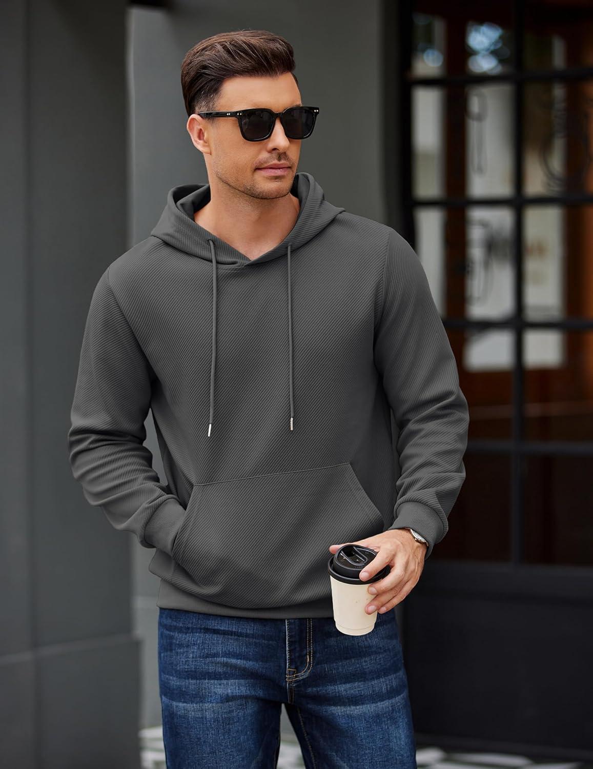 imageCOOFANDY Mens Long Sleeve Hooded Sweatshirt Casual Lightweight Hoodies Pullover Textured Drawstring Hoodie with Kanga PocketDark Gray