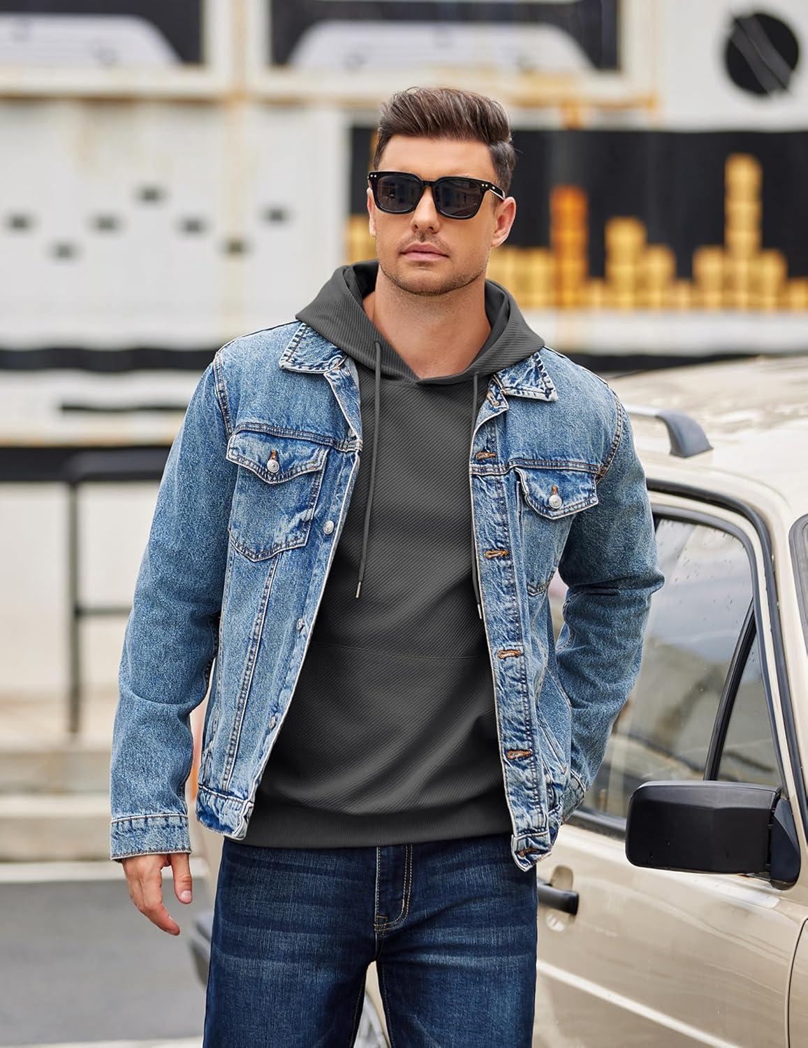 imageCOOFANDY Mens Long Sleeve Hooded Sweatshirt Casual Lightweight Hoodies Pullover Textured Drawstring Hoodie with Kanga PocketDark Gray