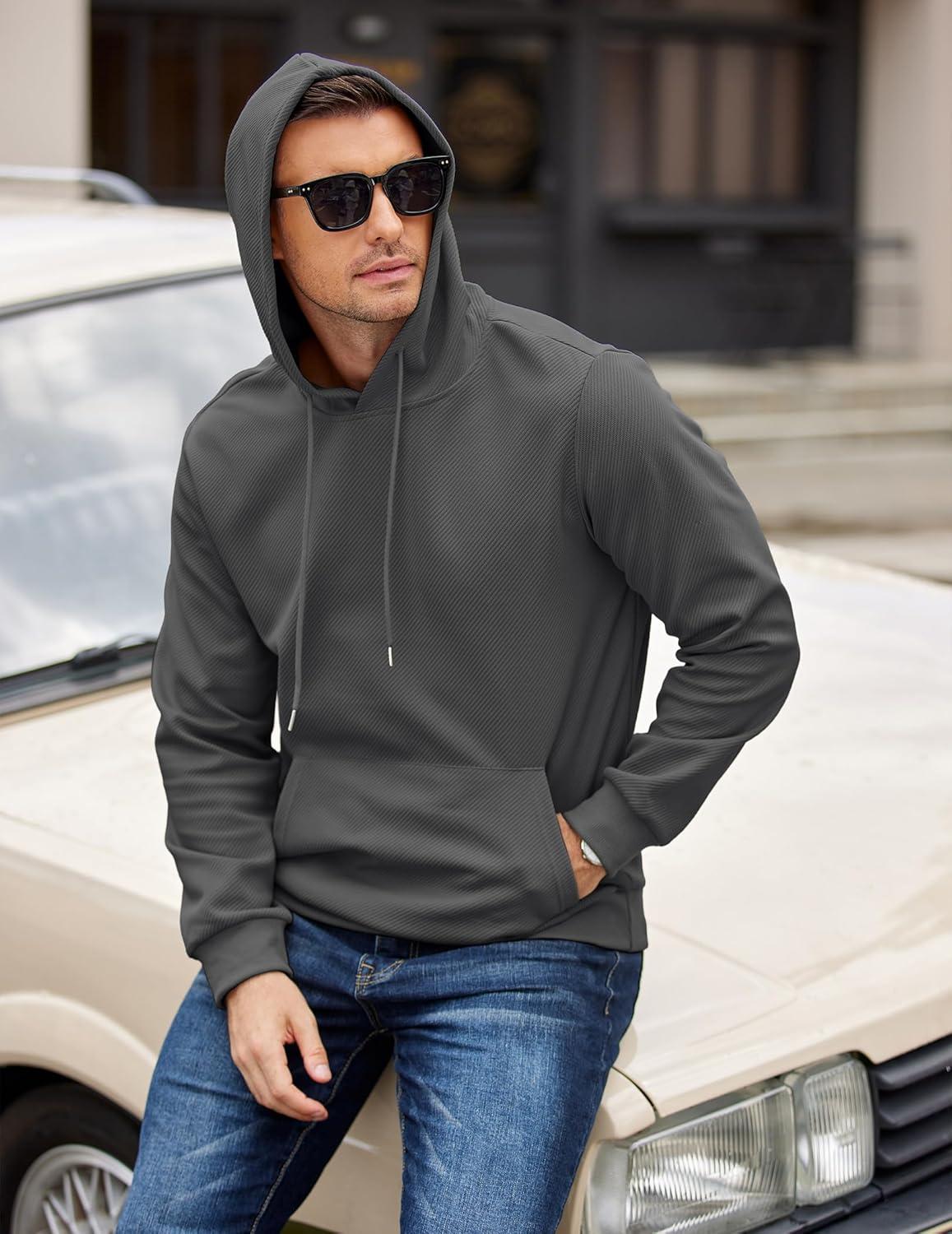 imageCOOFANDY Mens Long Sleeve Hooded Sweatshirt Casual Lightweight Hoodies Pullover Textured Drawstring Hoodie with Kanga PocketDark Gray