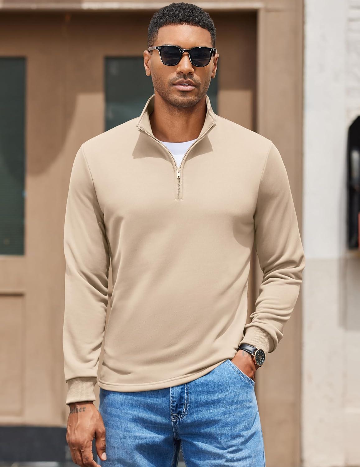 imageCOOFANDY Mens Quarter Zip Pullover Sweatshirt Mock Neck Quilted Sweatshirt Lightweight Casual Long Sleeve Polo ShirtLight Khaki