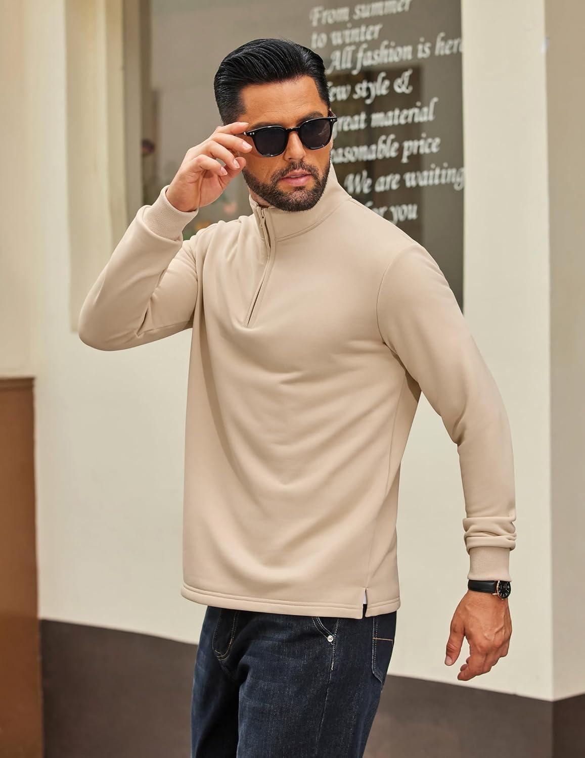 imageCOOFANDY Mens Quarter Zip Pullover Sweatshirt Mock Neck Quilted Sweatshirt Lightweight Casual Long Sleeve Polo ShirtLight Khaki