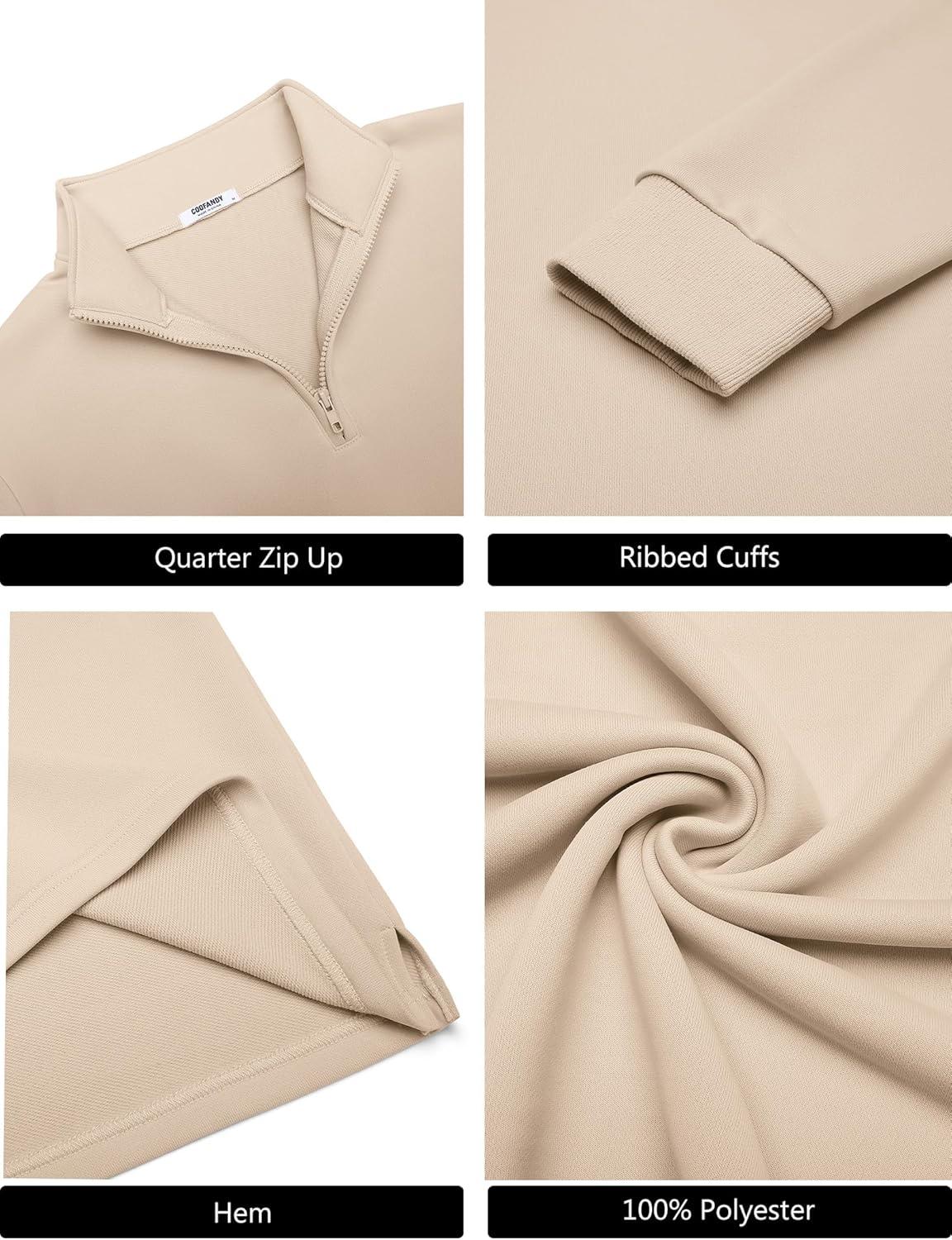 imageCOOFANDY Mens Quarter Zip Pullover Sweatshirt Mock Neck Quilted Sweatshirt Lightweight Casual Long Sleeve Polo ShirtLight Khaki