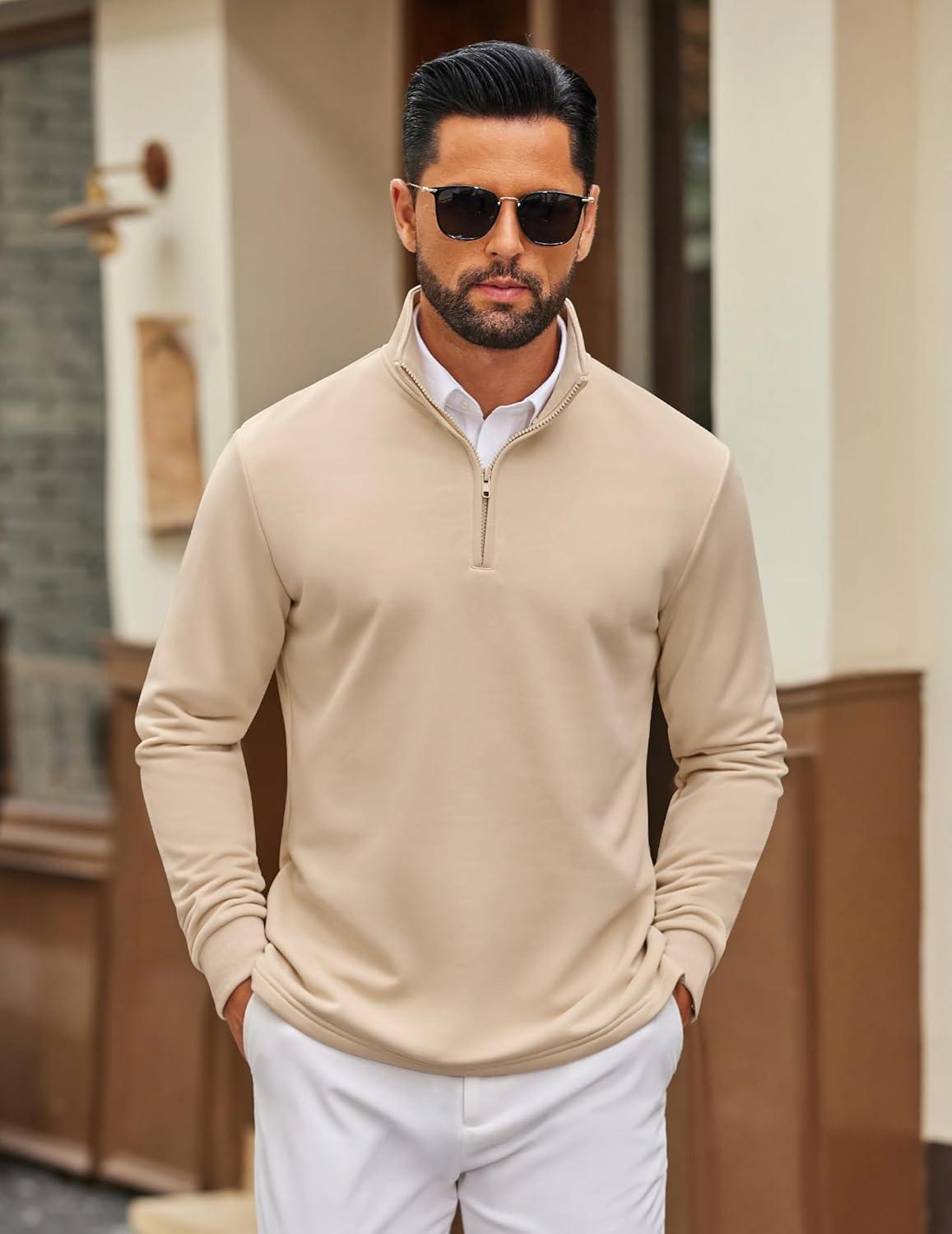 imageCOOFANDY Mens Quarter Zip Pullover Sweatshirt Mock Neck Quilted Sweatshirt Lightweight Casual Long Sleeve Polo ShirtLight Khaki