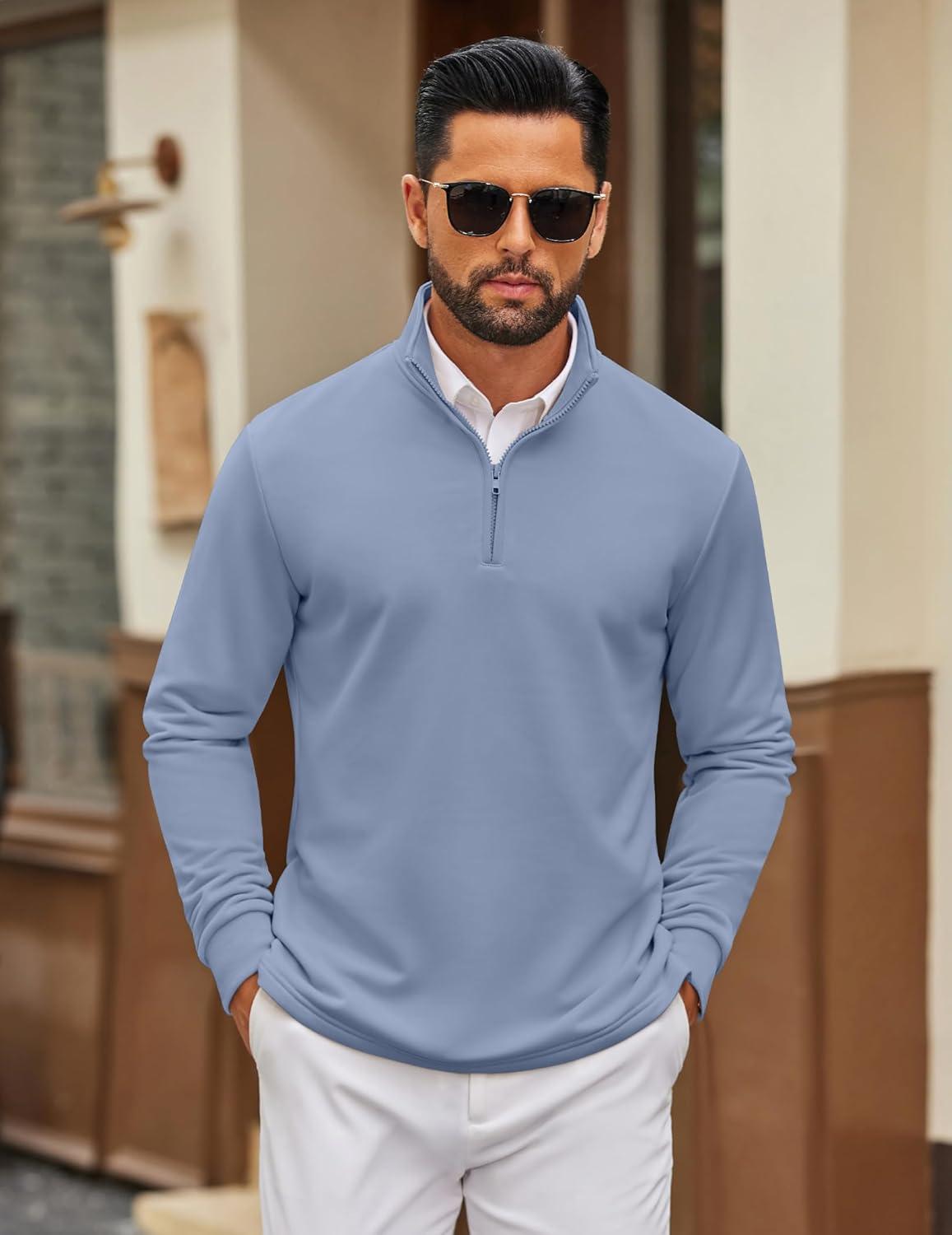 imageCOOFANDY Mens Quarter Zip Pullover Sweatshirt Mock Neck Quilted Sweatshirt Lightweight Casual Long Sleeve Polo ShirtSky Blue