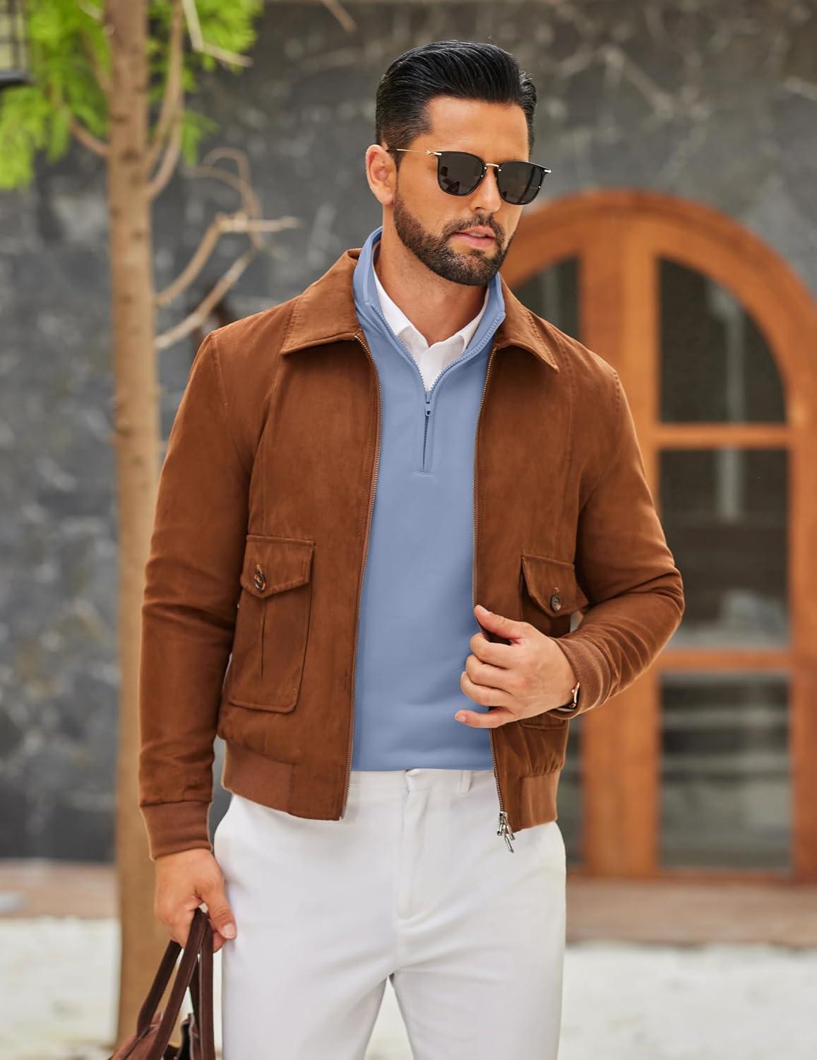 imageCOOFANDY Mens Quarter Zip Pullover Sweatshirt Mock Neck Quilted Sweatshirt Lightweight Casual Long Sleeve Polo ShirtSky Blue