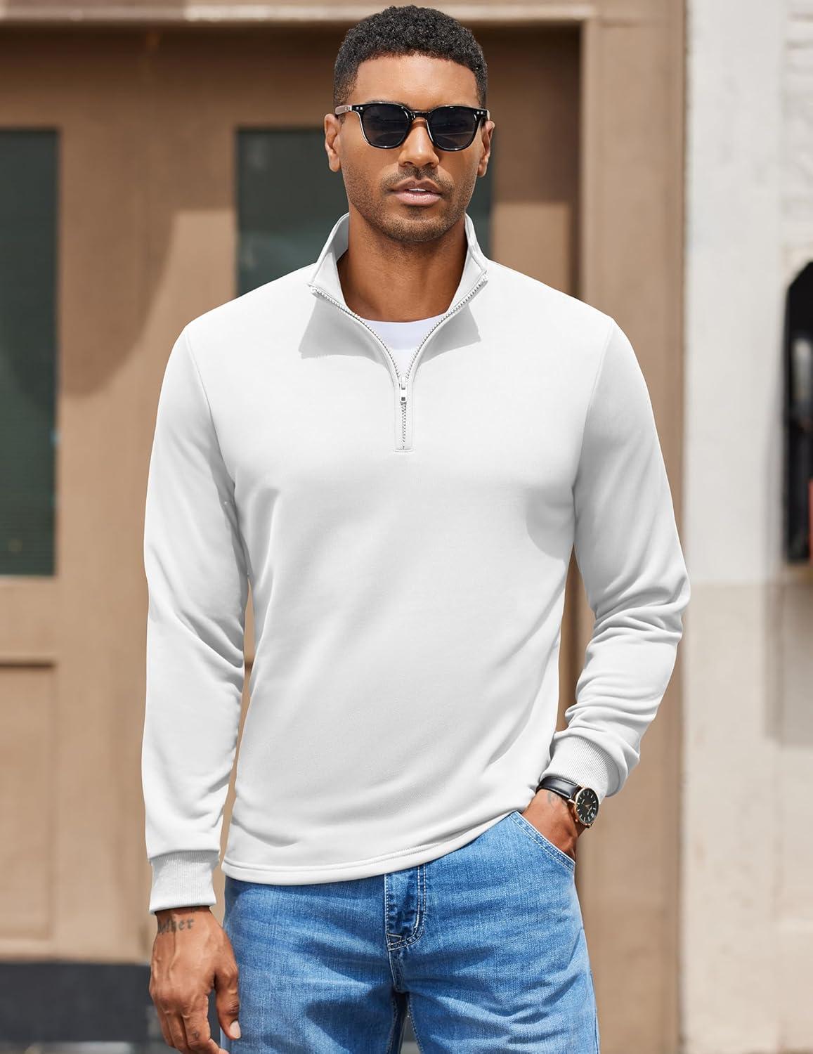 imageCOOFANDY Mens Quarter Zip Pullover Sweatshirt Mock Neck Quilted Sweatshirt Lightweight Casual Long Sleeve Polo ShirtWhite
