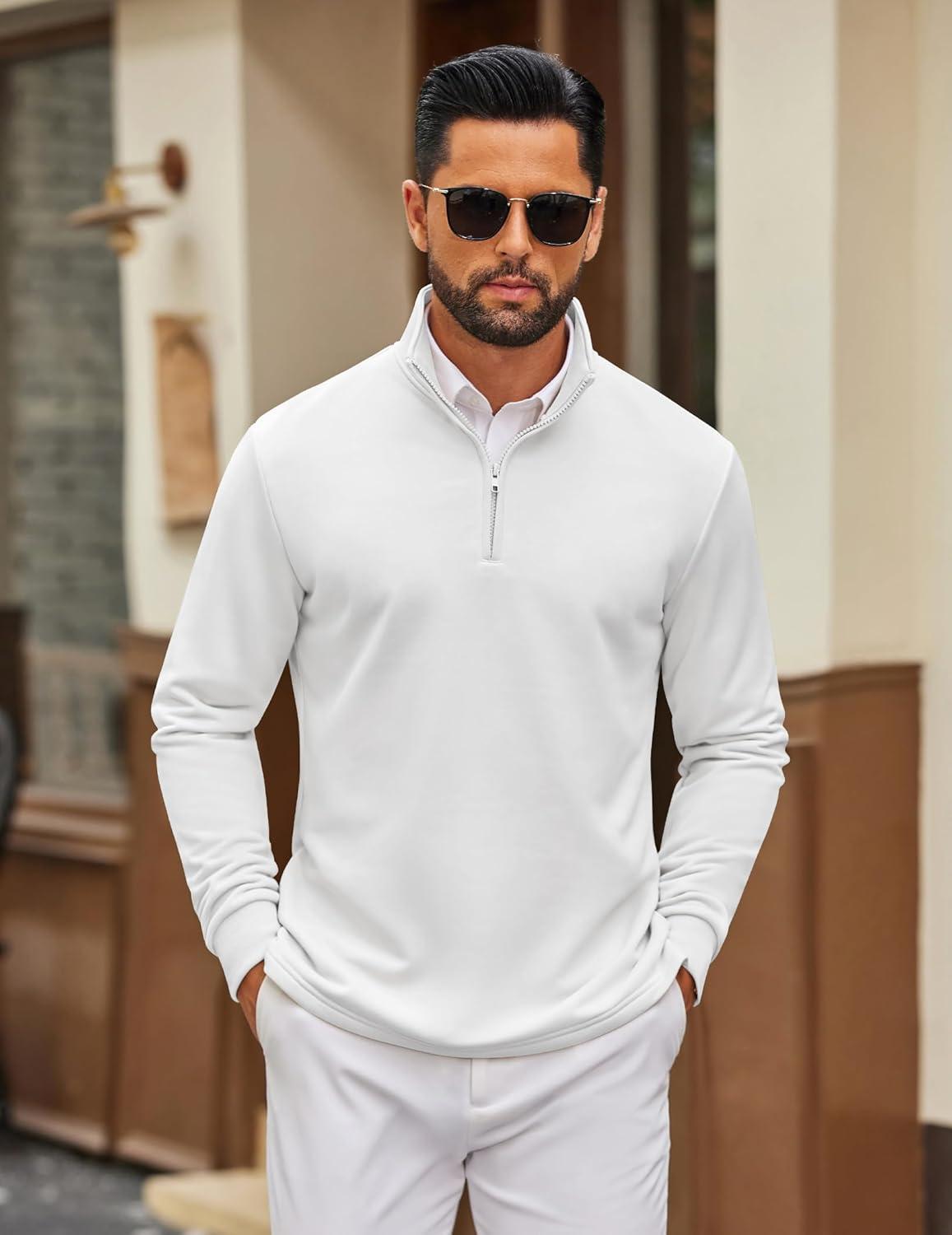 imageCOOFANDY Mens Quarter Zip Pullover Sweatshirt Mock Neck Quilted Sweatshirt Lightweight Casual Long Sleeve Polo ShirtWhite